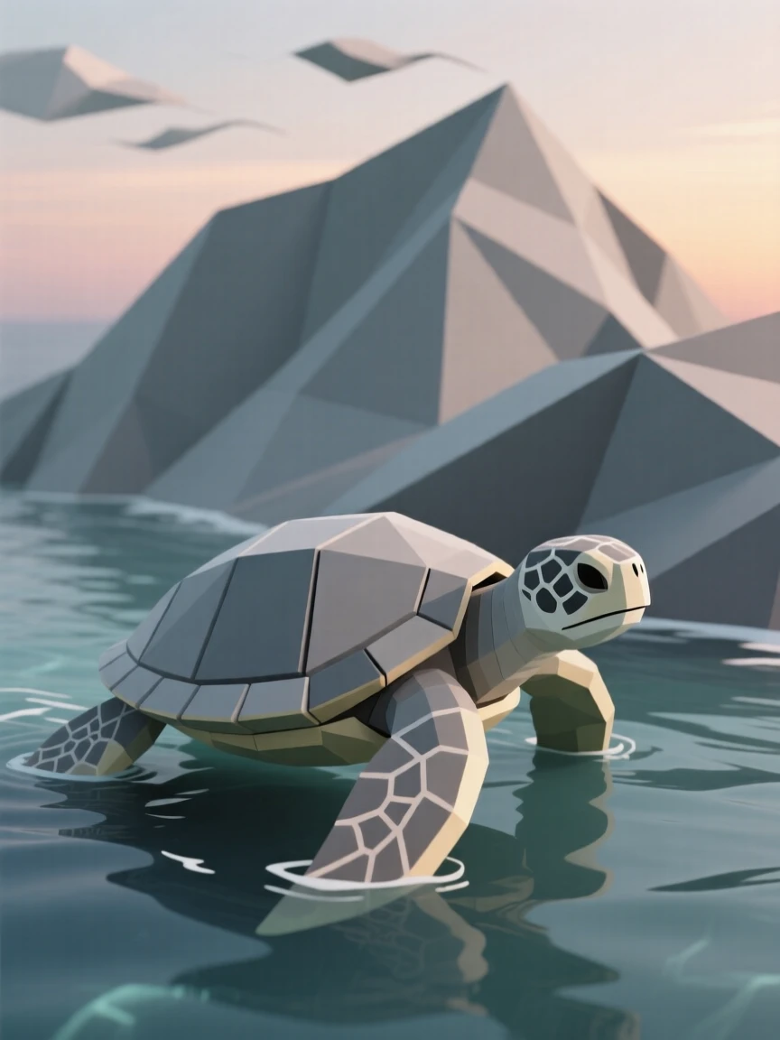 A sea turtle gliding gracefully through clear water, on a windswept ridge at dusk. the composition centers the subject with a shallow depth of field. The scene radiates quiet strength.