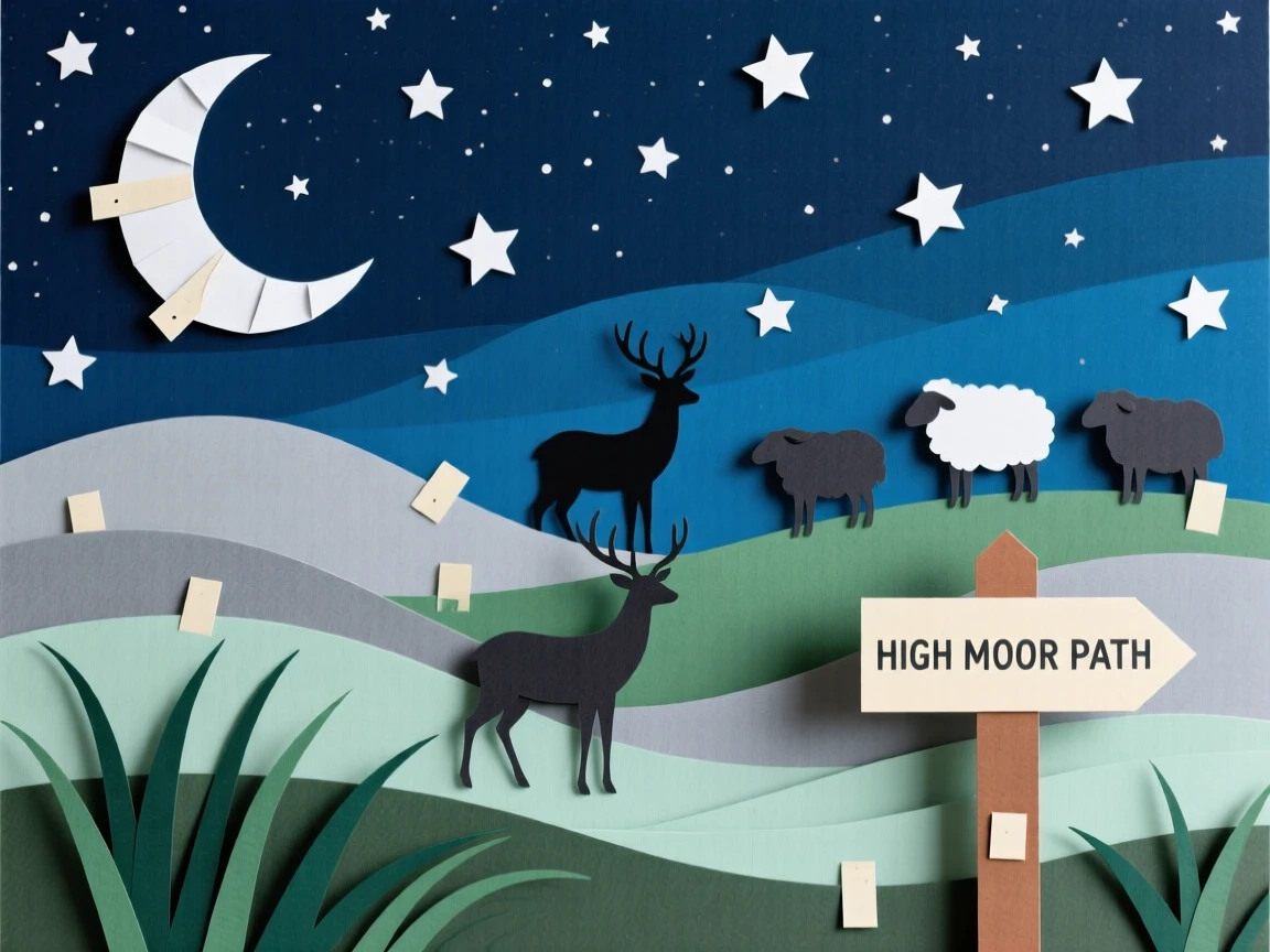 A windswept highland moor beneath a star-filled night sky, with a distant silhouette of grazing wildlife, conveying the quiet power of the natural world.