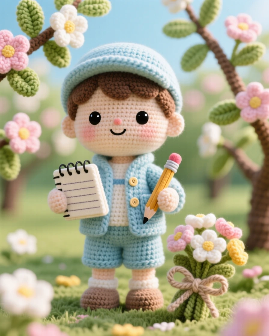 A charming scene of a small boy weather station volunteer with a notebook and pencil, recording the morning temperature inside a blooming orchard on a warm afternoon; a bundle of fresh flowers tied with twine adds to the moment, full of gentle pride in a job done with care.