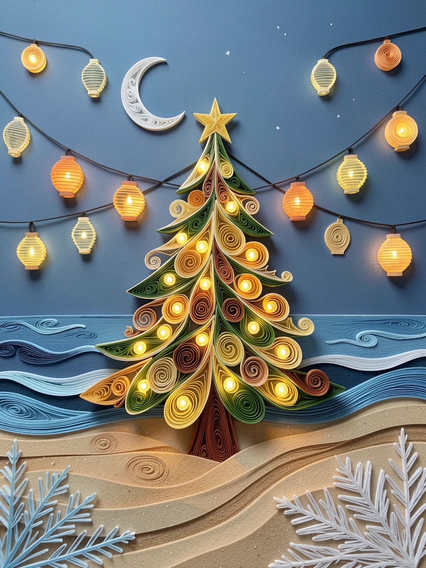 a decorated Christmas tree glowing with warm lights, on a moonlit beach during a warm summer evening, framed by strings of glowing lanterns, with delicate frost patterns on nearby surfaces.