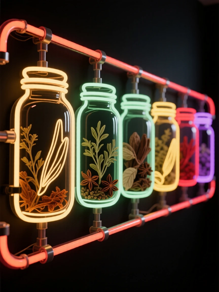 A row of glass jars filled with dried herbs and spices.
