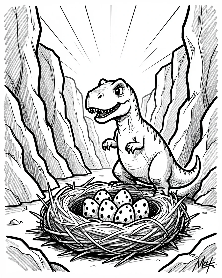 A dinosaur with a nest full of speckled eggs in a canyon at sunrise.