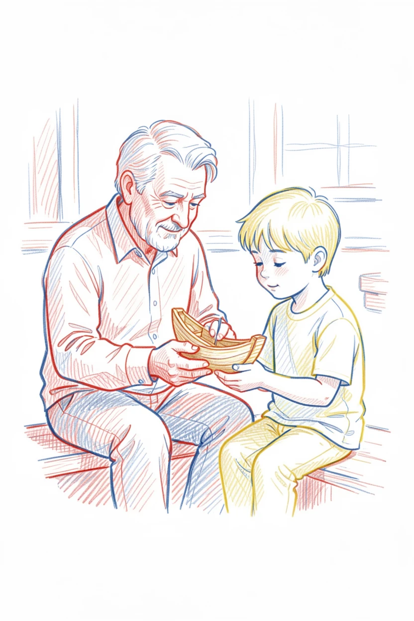 A grandfather teaching his grandson to whittle a small wooden boat