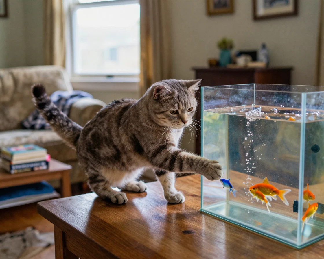 A cat bats gently at a fish tank, tail twitching with focused curiosity.