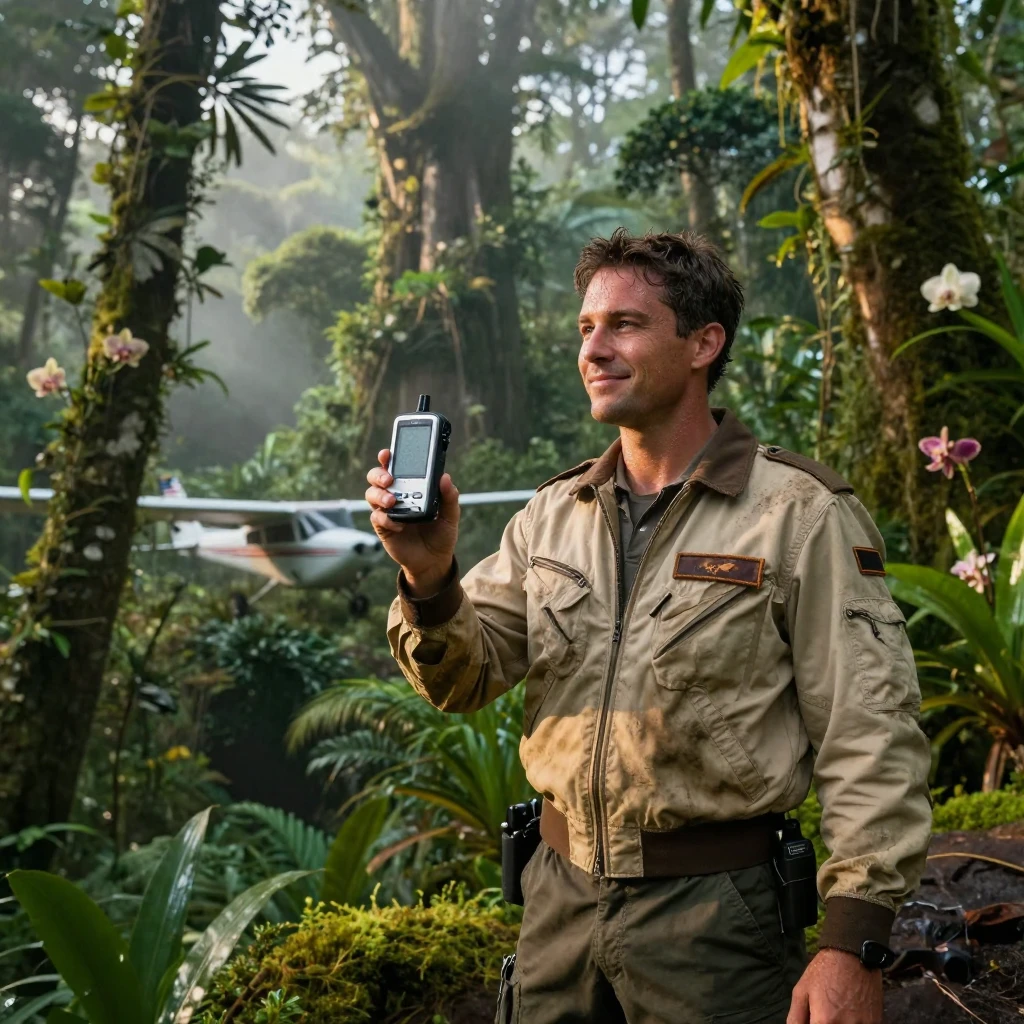 A private pilot standing triumphant at a hard-won summit in the heart of a remote rainforest