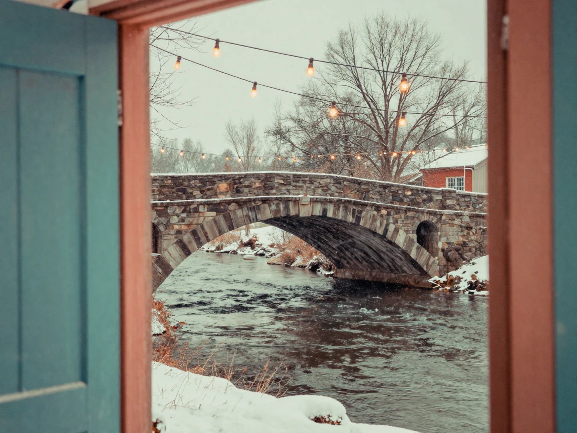 A stone bridge arching over a slow-moving river, under strings of warm string lights, amid gently falling snow, in the depths of winter, in vivid coral and turquoise hues, framed through an open doorway.