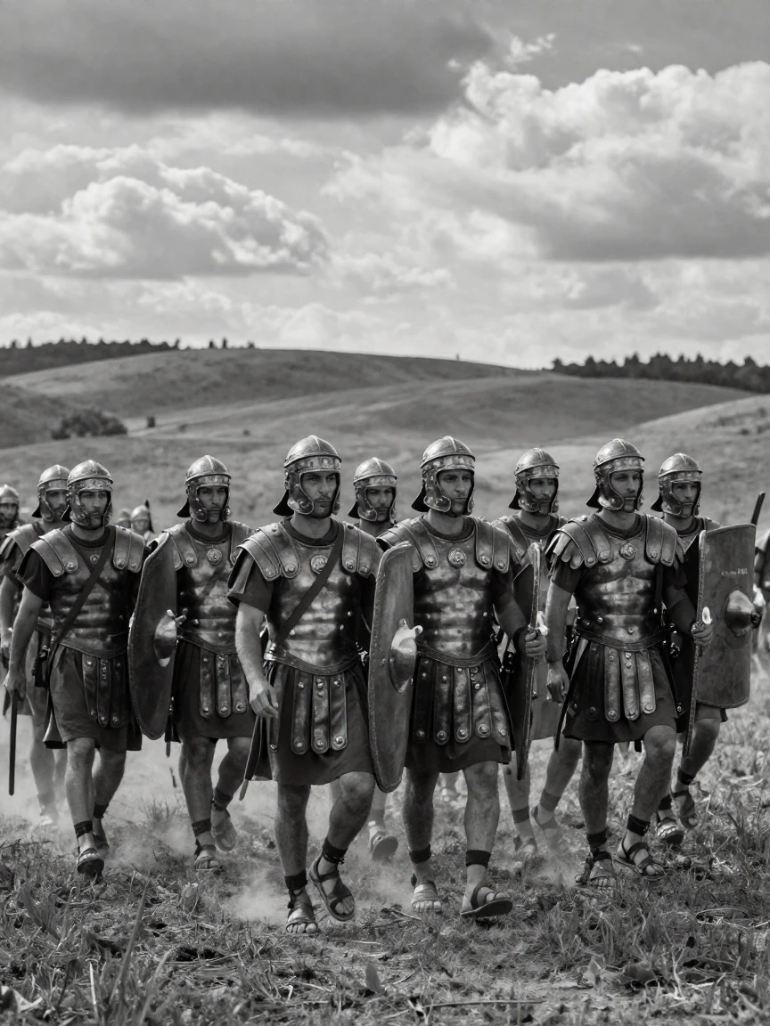 A group of Roman soldiers marches in formation across the plain on an ancient battlefield.