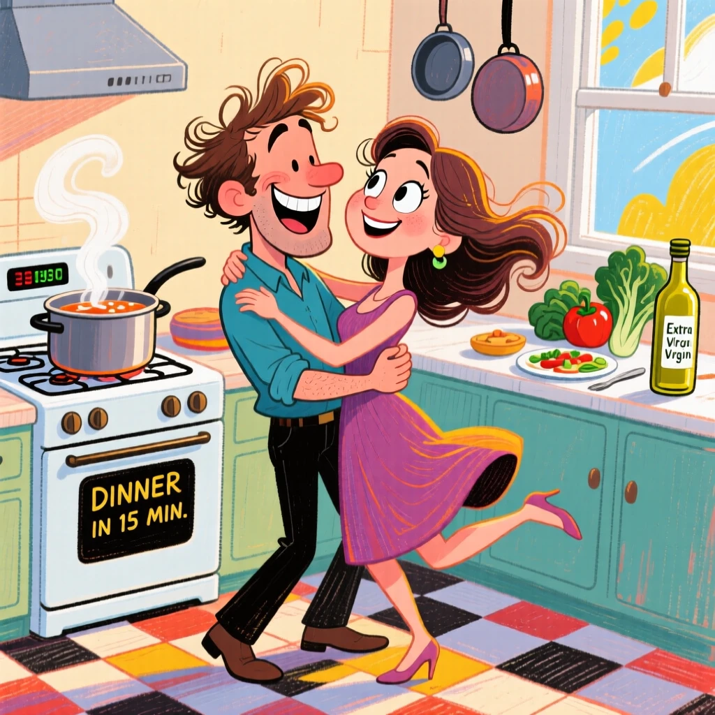 A couple slow dancing in their kitchen while dinner simmers on the stove.