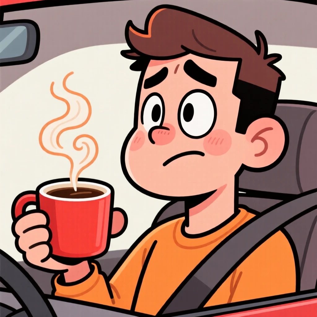 A charming portrait of a nervous first-time driver, raising one eyebrow with a knowing smirk, holding a steaming cup of coffee.