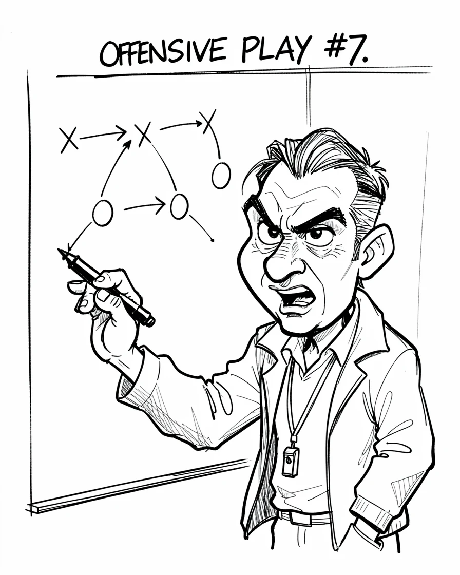 [Occupations & Hobbies] Detailed scene of a dedicated coach drawing plays on a whiteboard for the team, showcasing skill and dedication