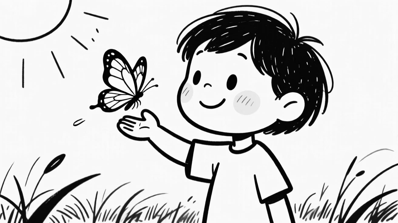 A butterfly landing gently on a child's outstretched hand in a sunny meadow.