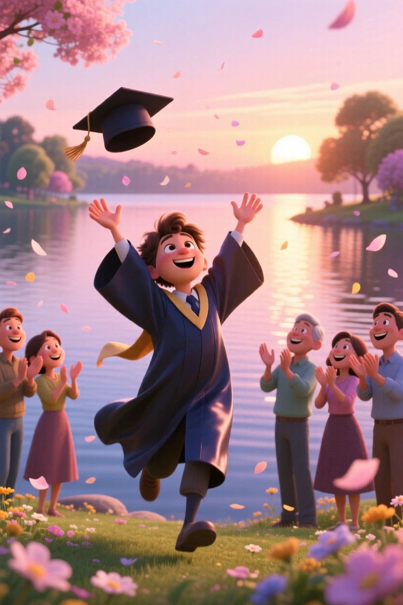 A graduate throwing their cap into the air unfolds beside a calm lake at sunset, with flower petals scattered on the breeze. A wave of relief and celebration washes over everyone present.