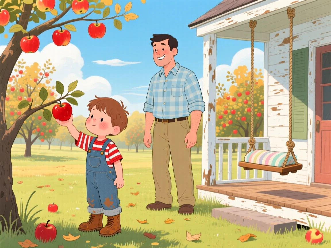 With his father close by, a shy young boy is picking apples in an orchard, while the porch swing creaks gently.