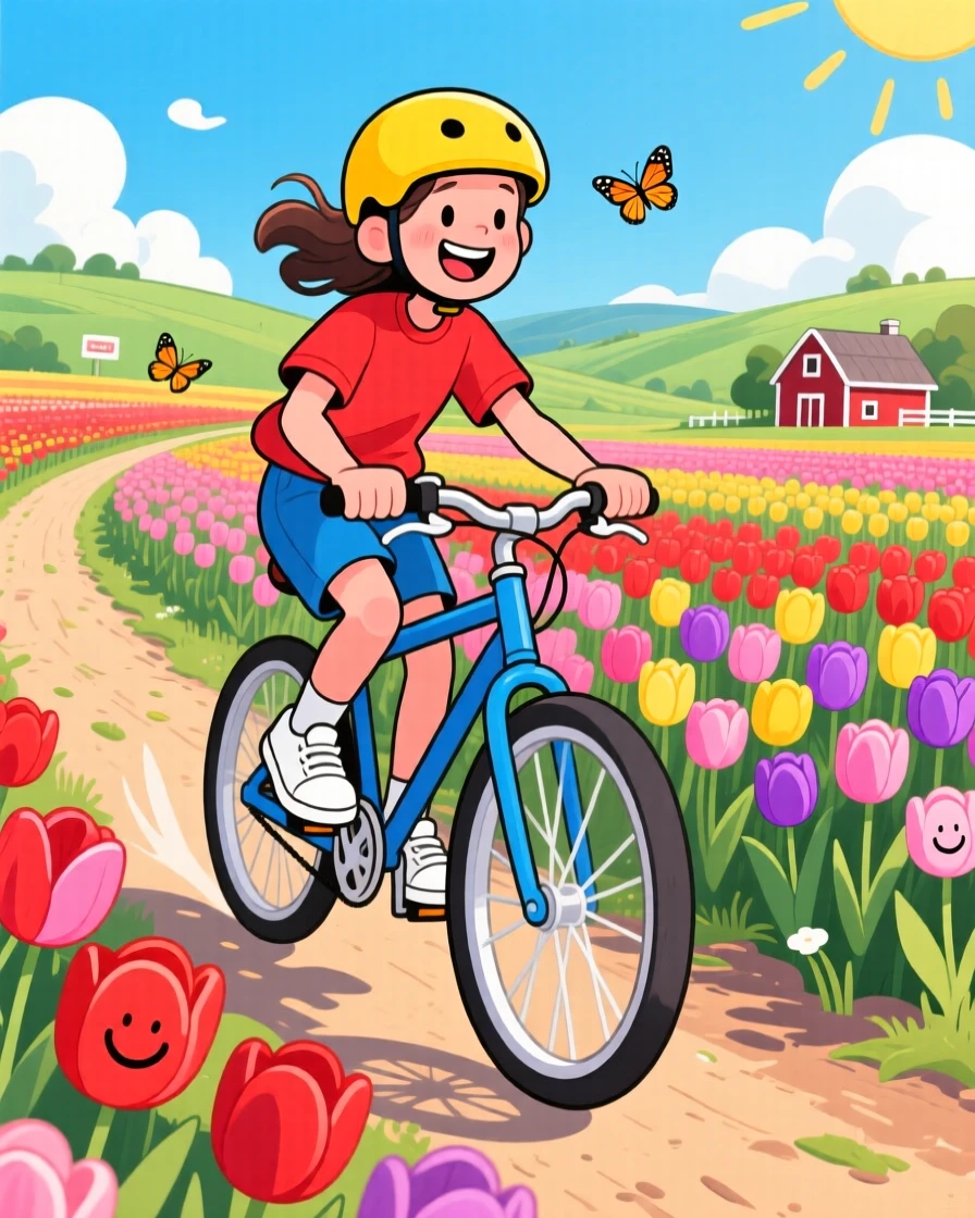 A cyclist riding through tulip fields in the countryside.
