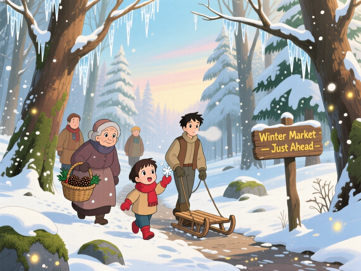A winter scene of a snowy forest with icicles glittering on every branch, as townsfolk go about their day.