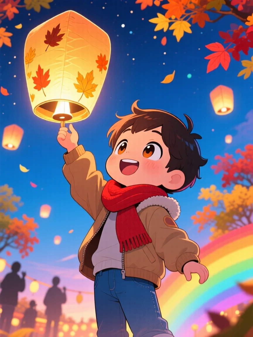 In a lantern festival celebration, a small boy is sending a paper lantern into the night sky on a crisp autumn afternoon, bathed in bright rainbow-tinted light, expression full of curious excitement. Shot as a low-angle shot looking up.