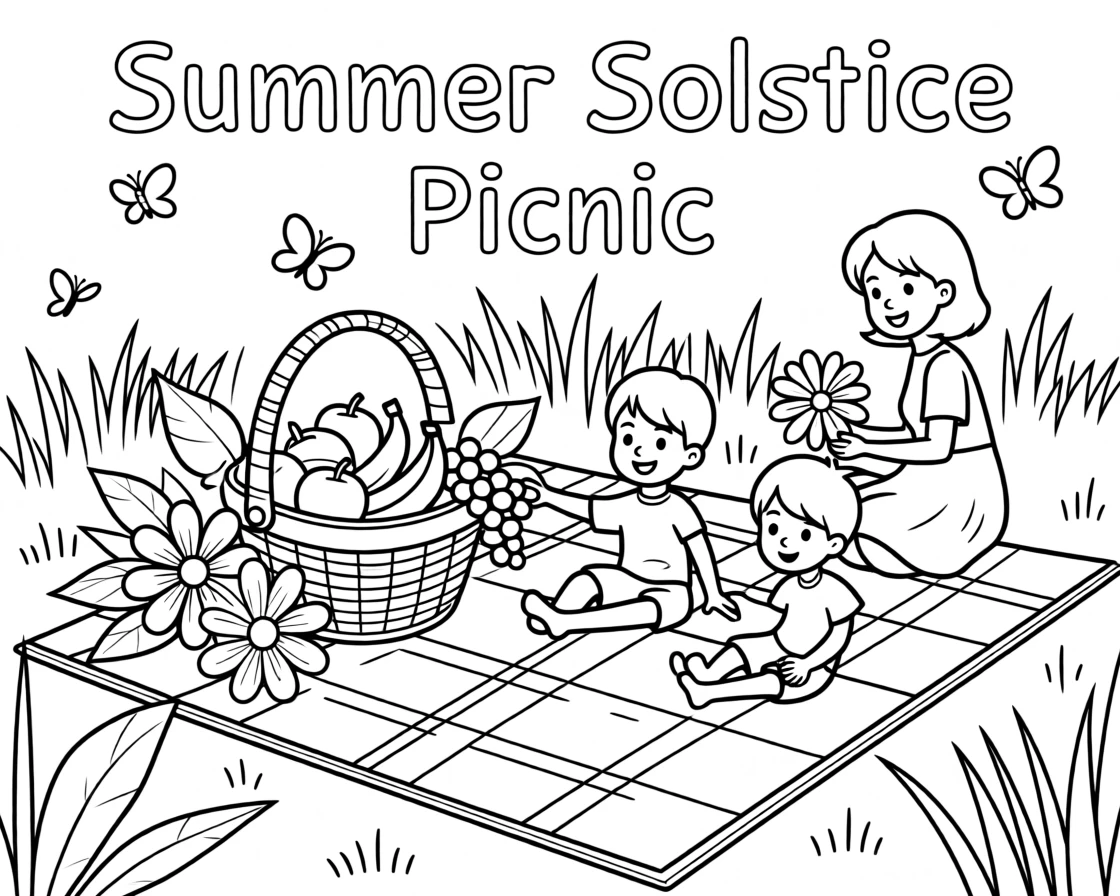 A summer solstice picnic with a basket of fruit and flowers
