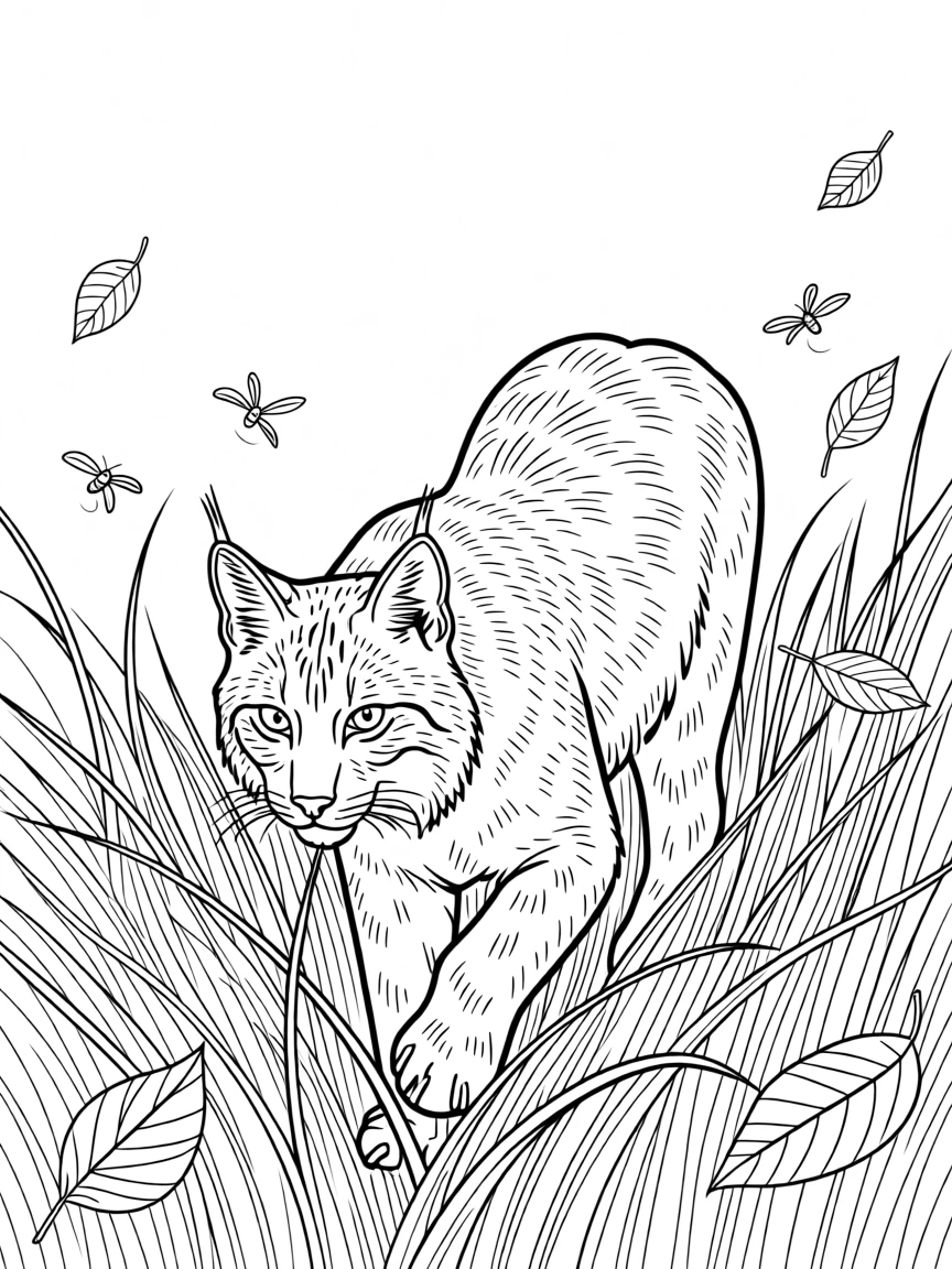 A lynx crouched low in tall grass before a chase, surrounded by fireflies and drifting leaves.