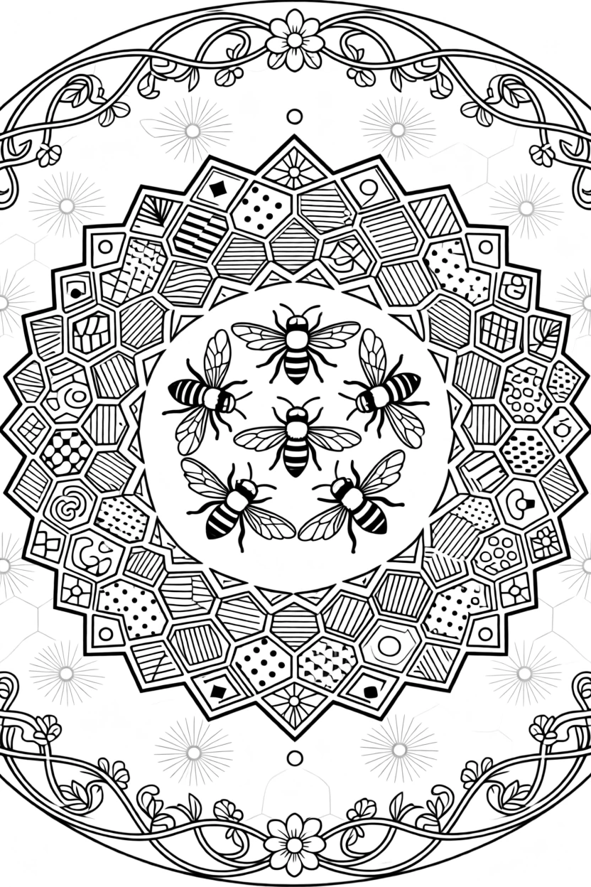 A mandala built from a honeycomb pattern with bees at its center.