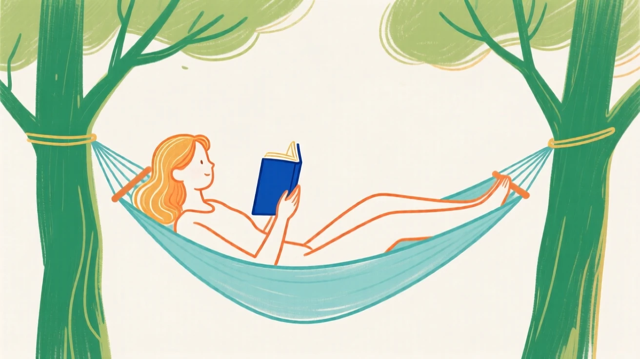 A person reading a book in a hammock between two trees.