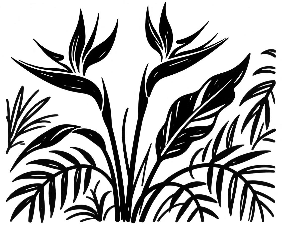 A vibrant tropical garden filled with birds of paradise flowers.