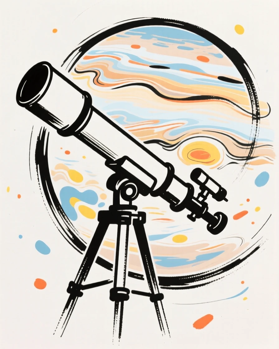 A telescope pointed at Jupiter with its swirling storm visible.