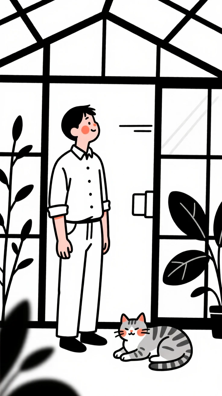 A farmer with a tabby cat curled nearby, looking hopeful toward the horizon, in a botanical garden greenhouse.