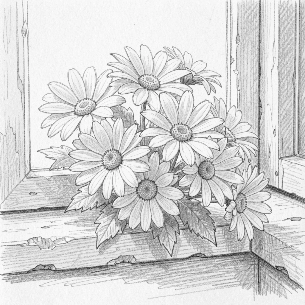 An elegant arrangement of a cluster of daisies on a weathered wooden windowsill, with soft petals catching the light.