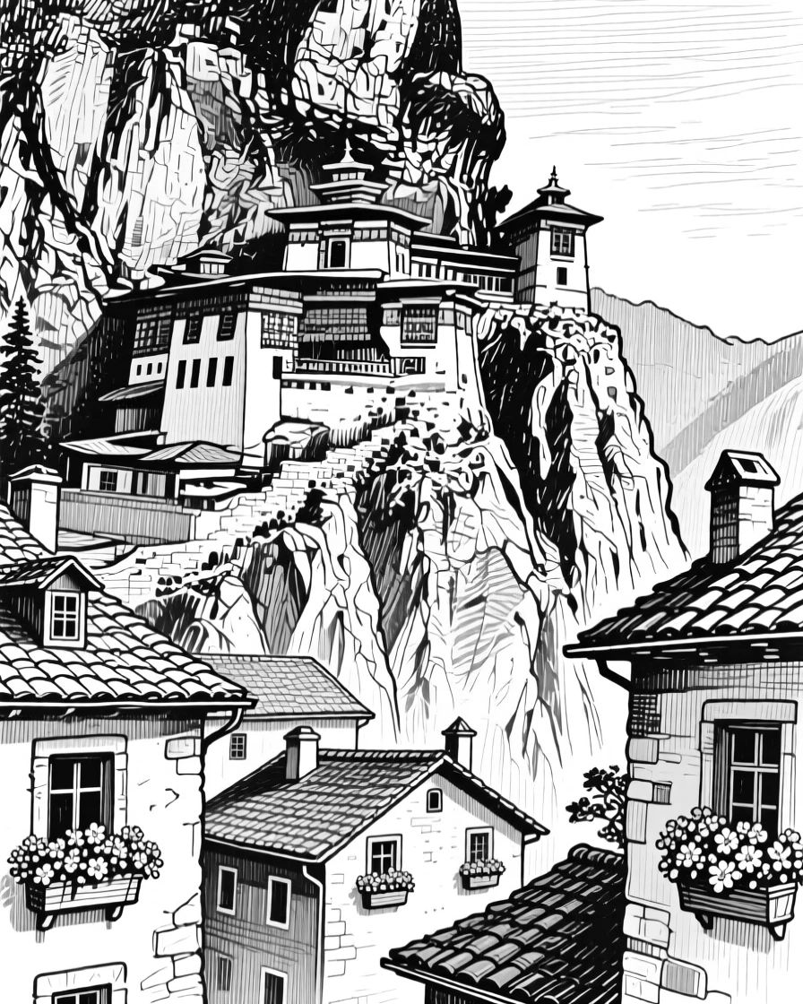 A mountain monastery perched on a cliff framed by surrounding rooftops, featuring flower boxes lining every window, rendered in a majestic and imposing architectural composition.