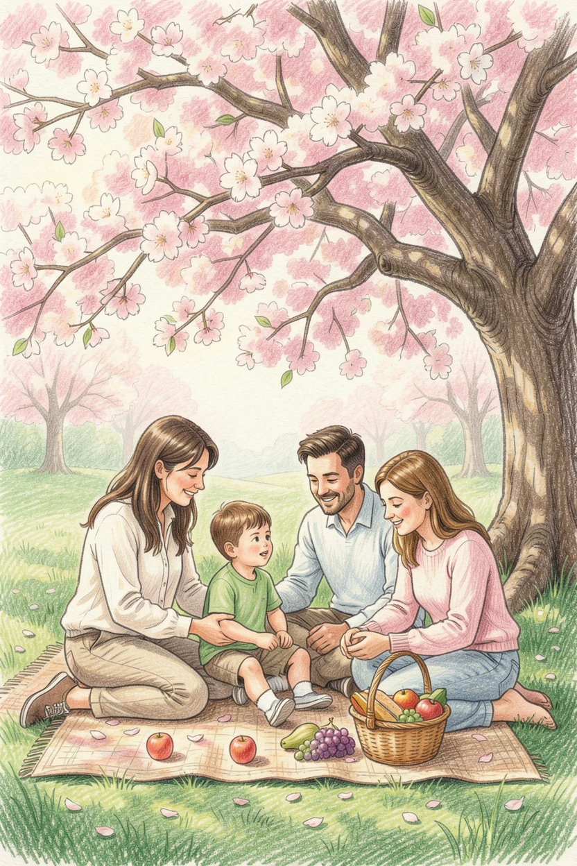 A family picnic spread out beneath a blossoming cherry tree, with tender, candid details that feel true to life, full of tenderness, love, and quiet happiness.