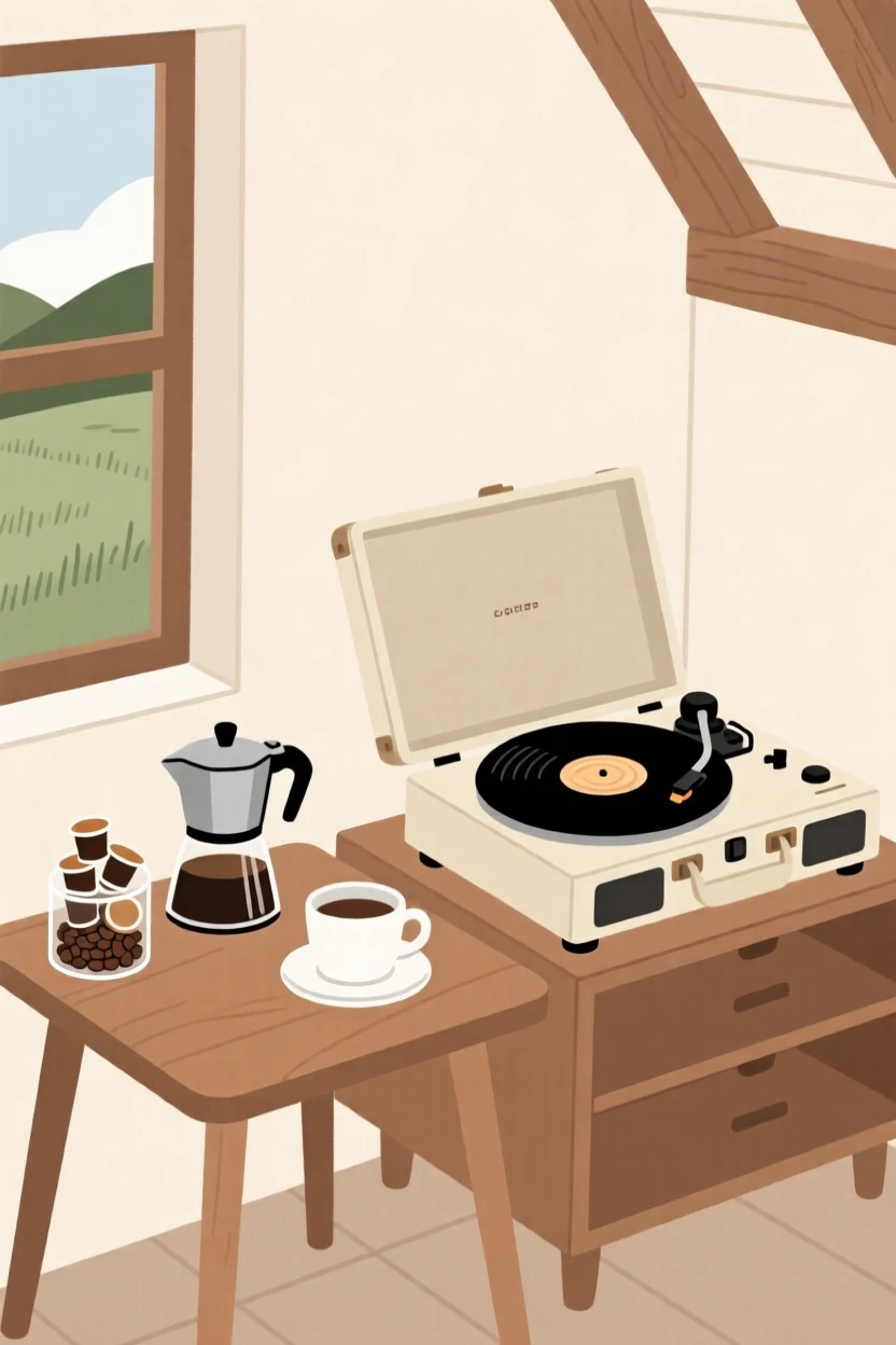 A tidy coffee station arranged near a vinyl record player in a countryside cottage, expressing restful ease.