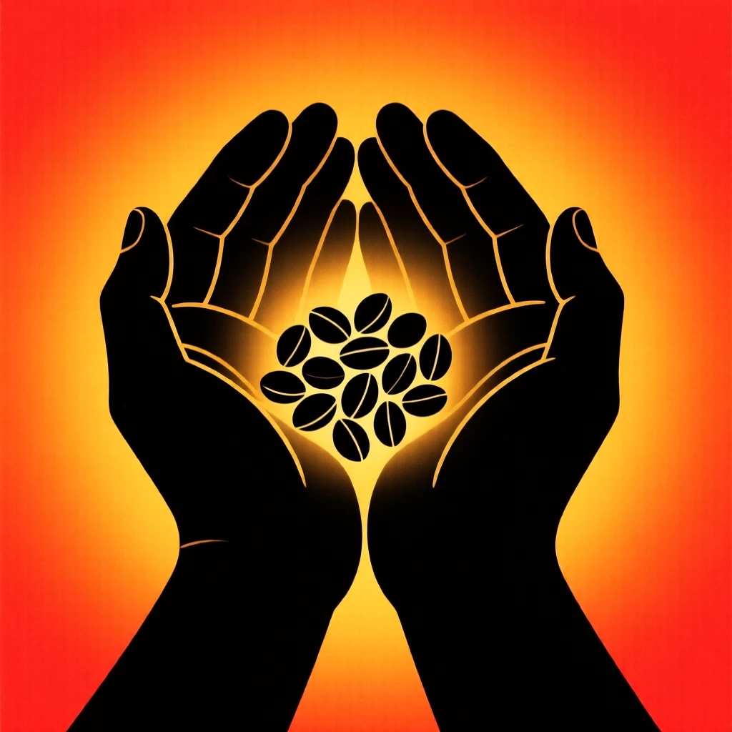 A pair of hands cupped together, holding a small pile of glowing seeds.