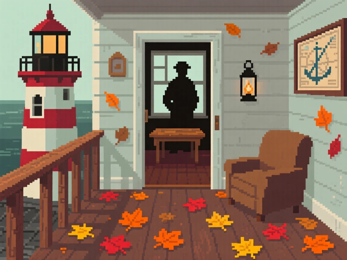 A rooftop balcony scattered with autumn leaves blown in from outside, within a lighthouse keeper's living room.