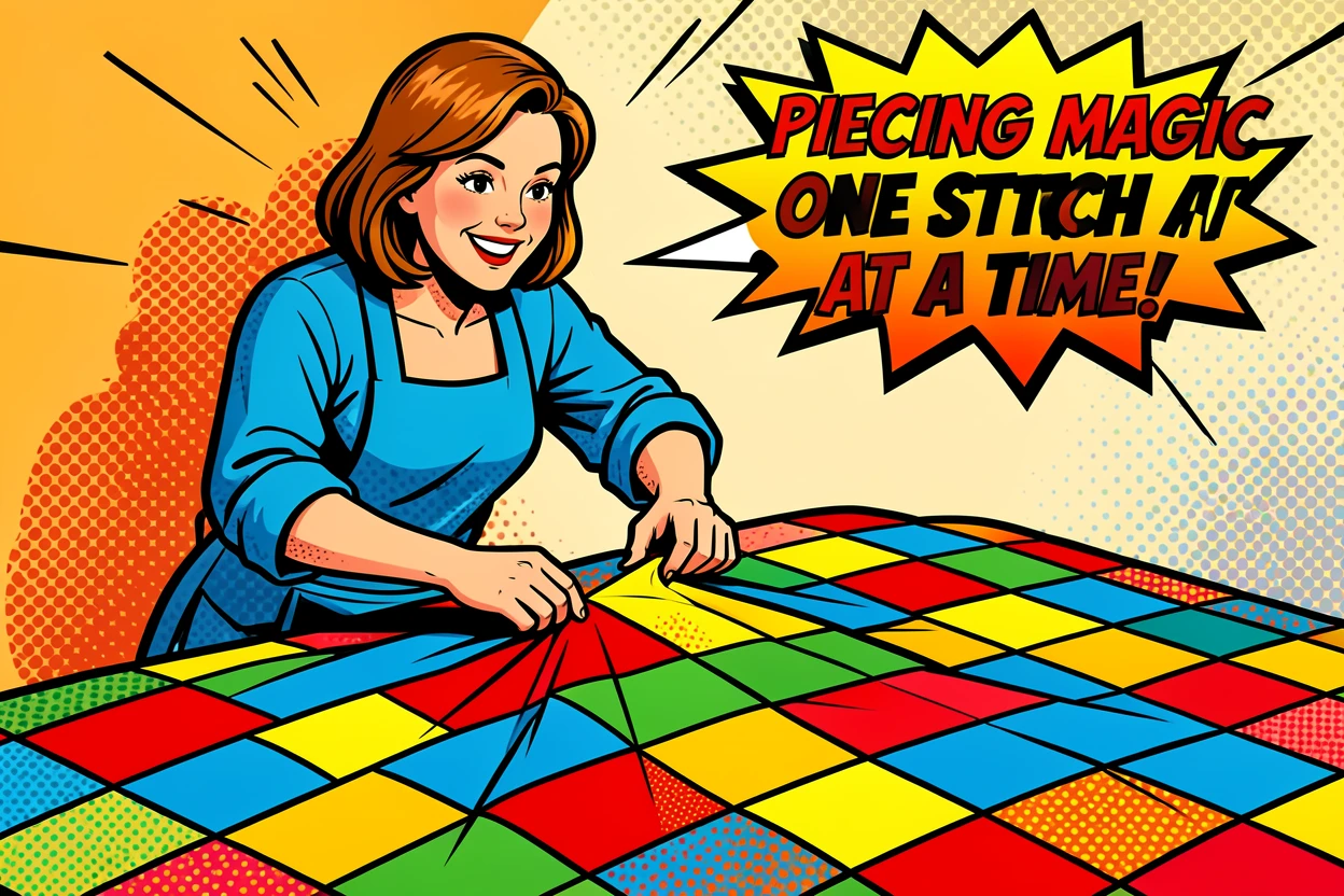 A quilter piecing together an elaborate patchwork blanket