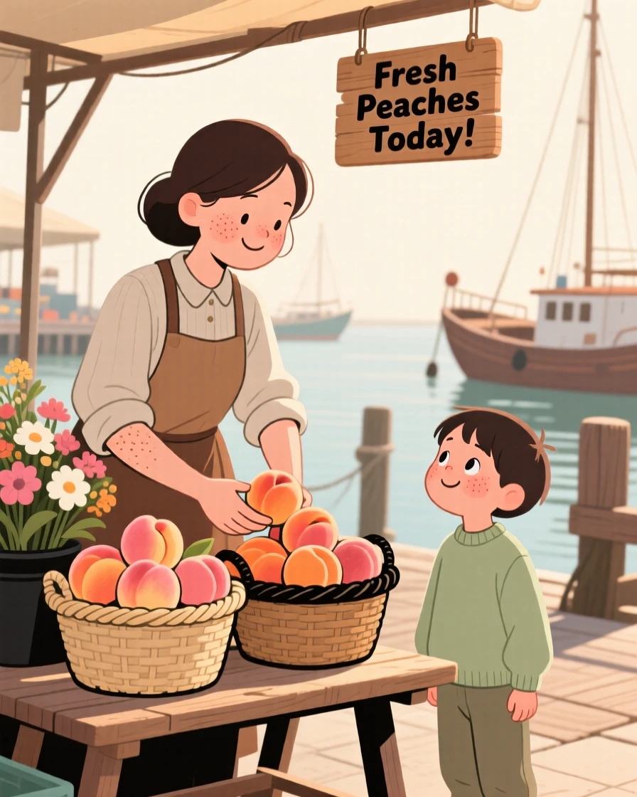 A flower seller arranges baskets of ripe peaches at a bustling harbor market, greeting a curious child with a warm smile in the morning sun.