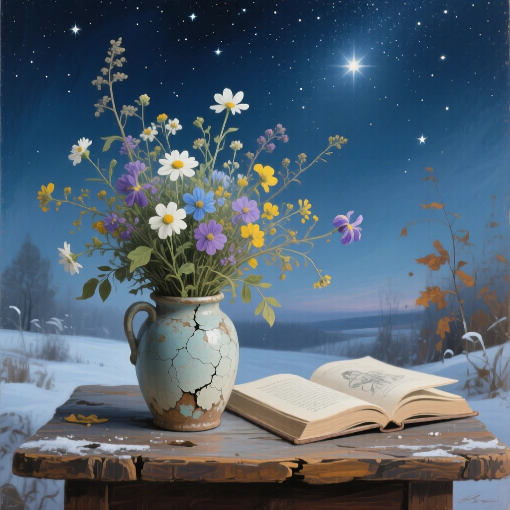 A balanced composition of a bouquet of wildflowers in a chipped ceramic vase beside an open book, under a canopy of stars, in the quiet stillness of midwinter.