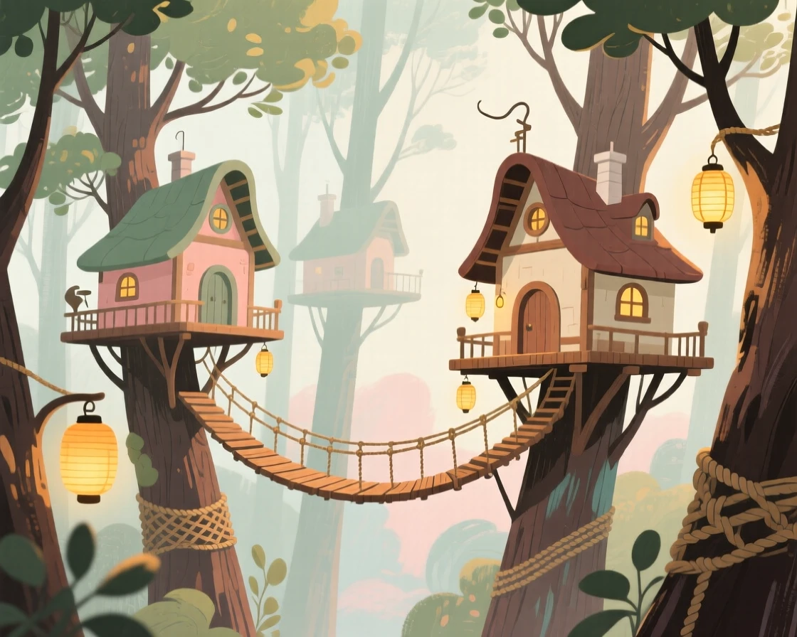A magical treehouse village connected by rope bridges and lanterns