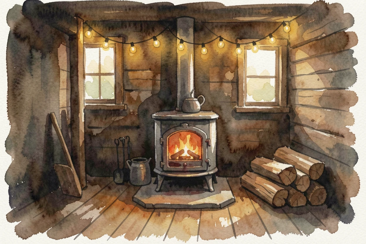 A rustic cabin interior with a wood stove with warm string lights glowing.