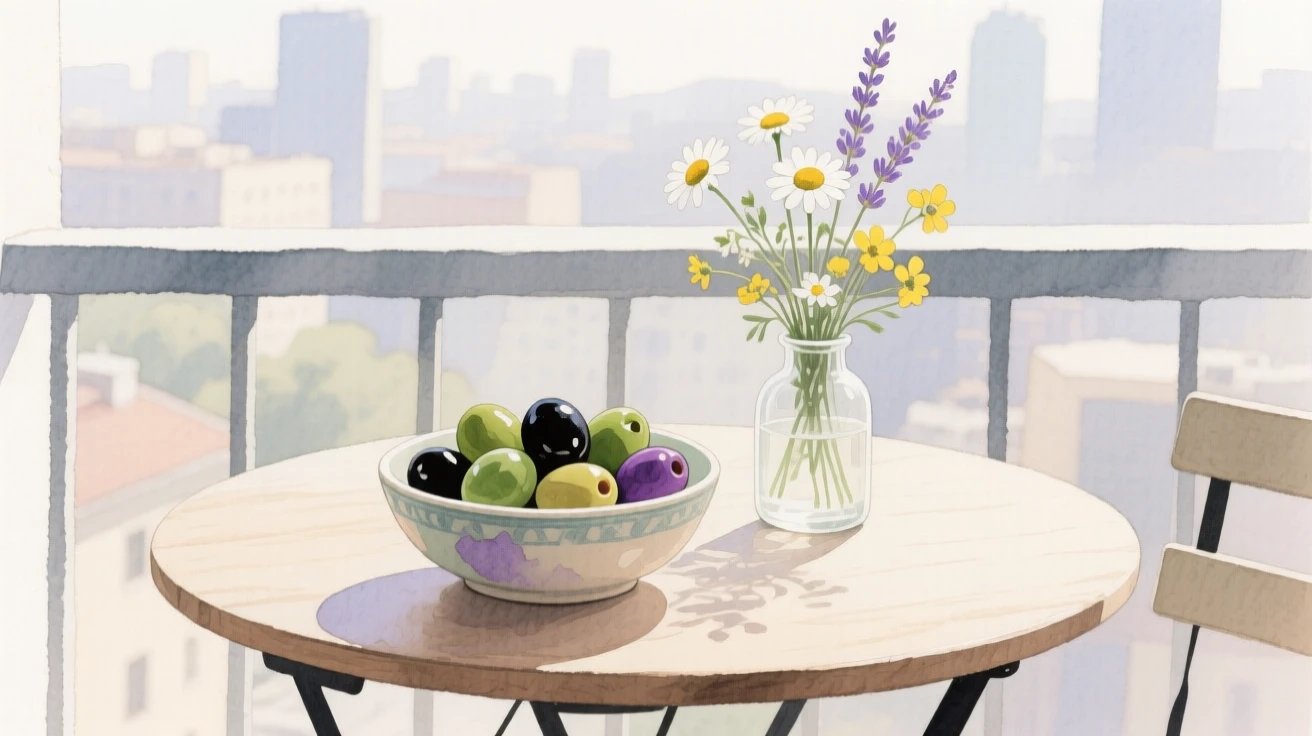 A bowl of mixed olives sits with a small vase of wildflowers nearby on a balcony overlooking the city, arranged beautifully for a delightful meal
