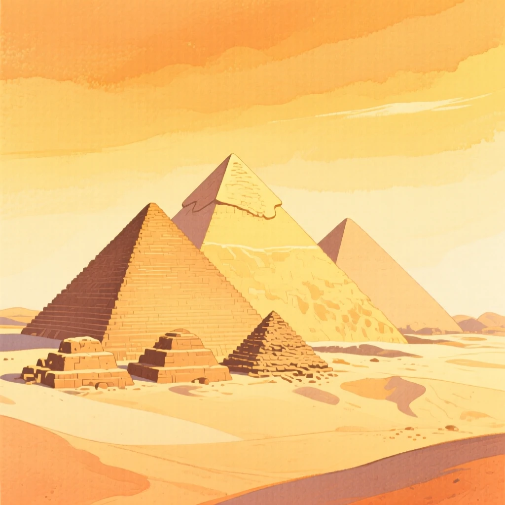The ancient pyramids glowing under a golden desert sky, glowing in warm afternoon light.
