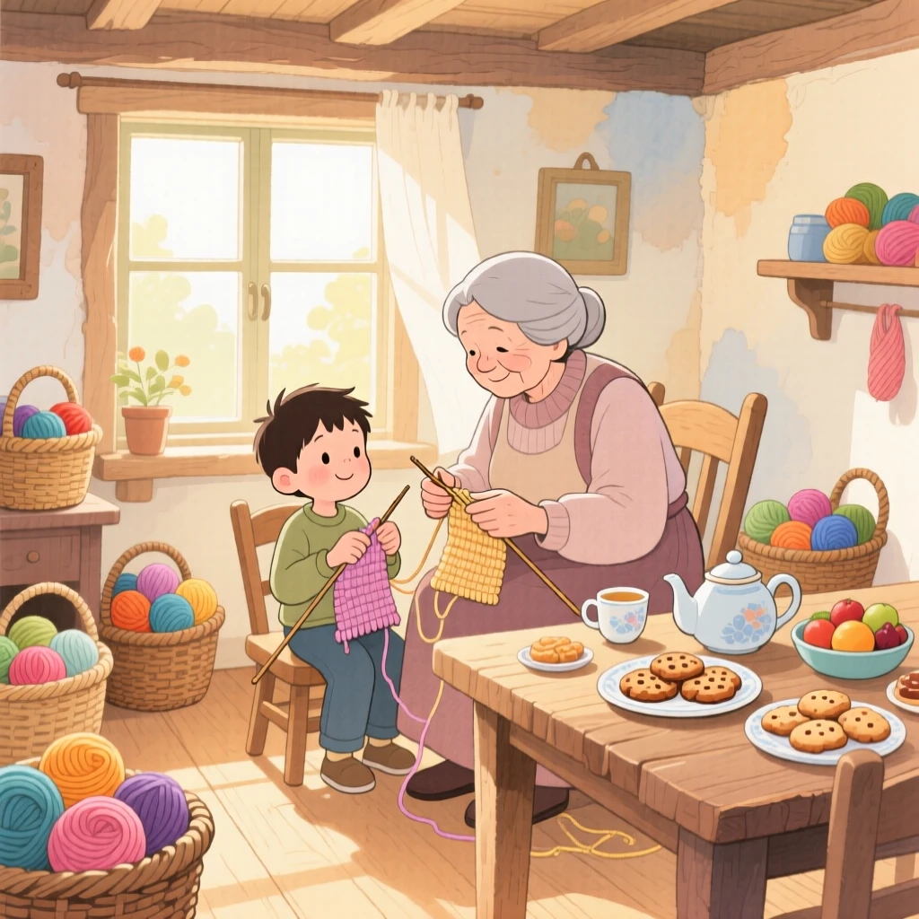 A grandmother teaching her grandson to knit by the window, in a sunlit cottage room with yarn baskets, with a table set with homemade treats, the quiet joy of shared tradition.