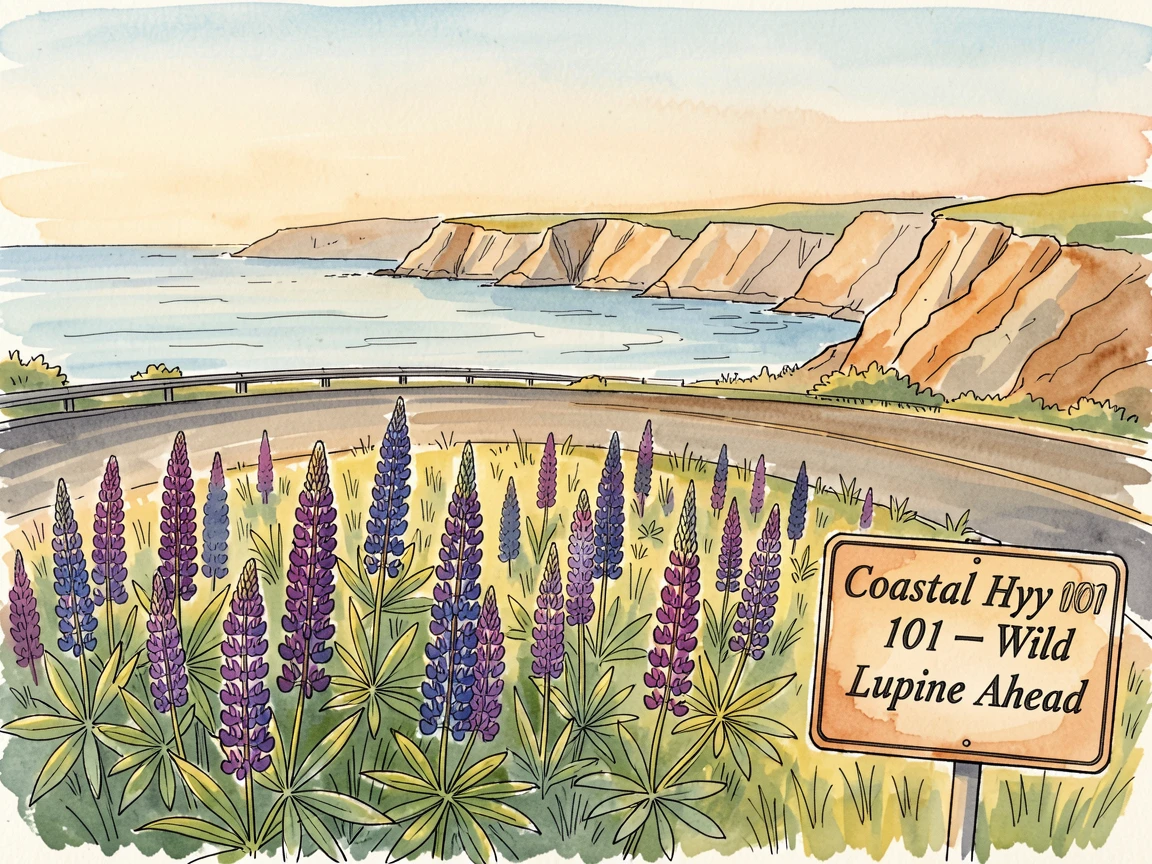A field of wild lupine stretching along a coastal highway, golden light spilling across the landscape at the close of day.