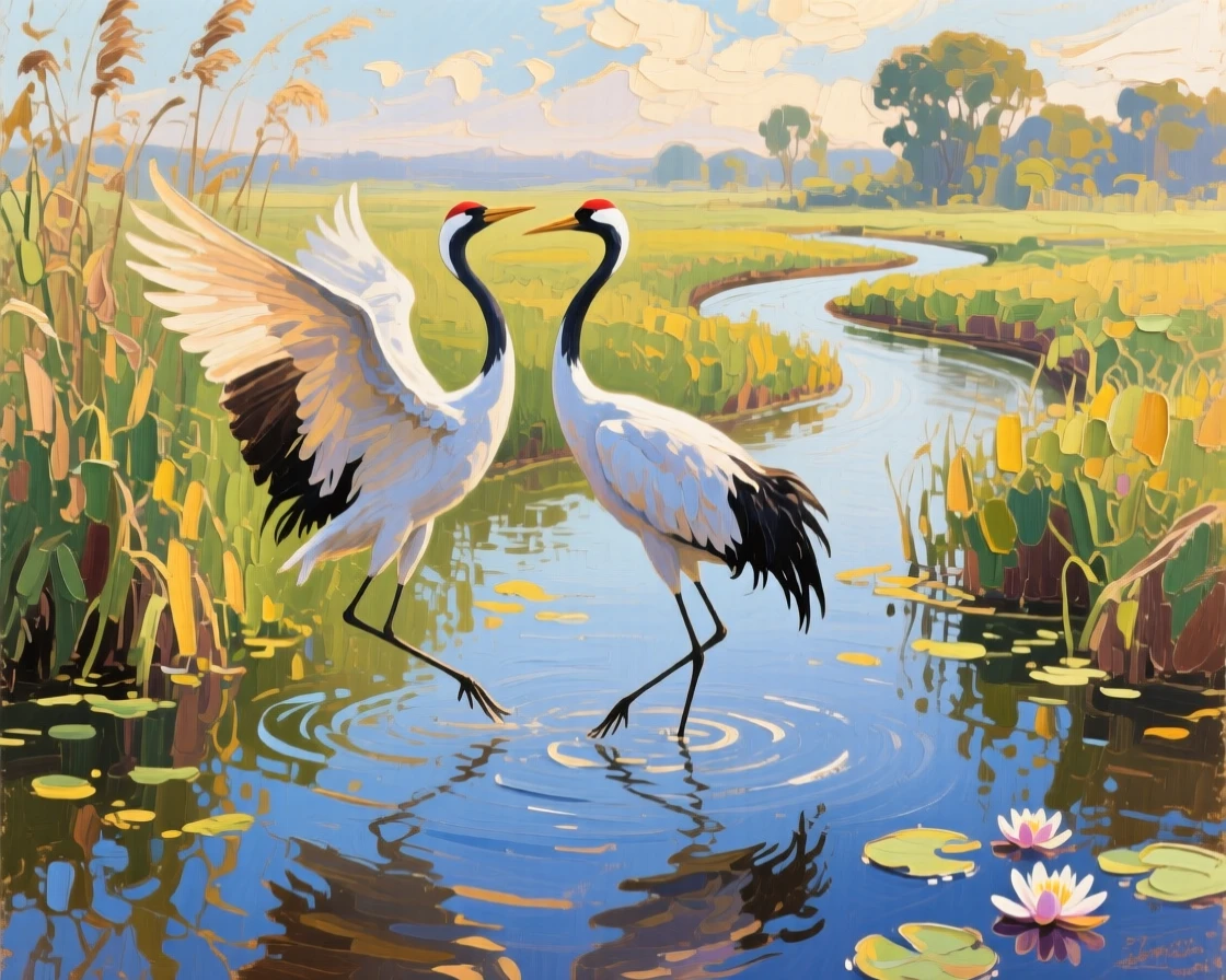 two cranes dancing in a marsh, during a calm afternoon, composed along a natural leading line.