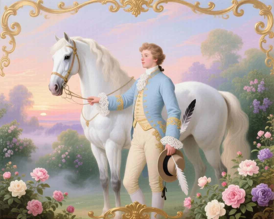 A prince in riding clothes beside his white horse at sunrise  