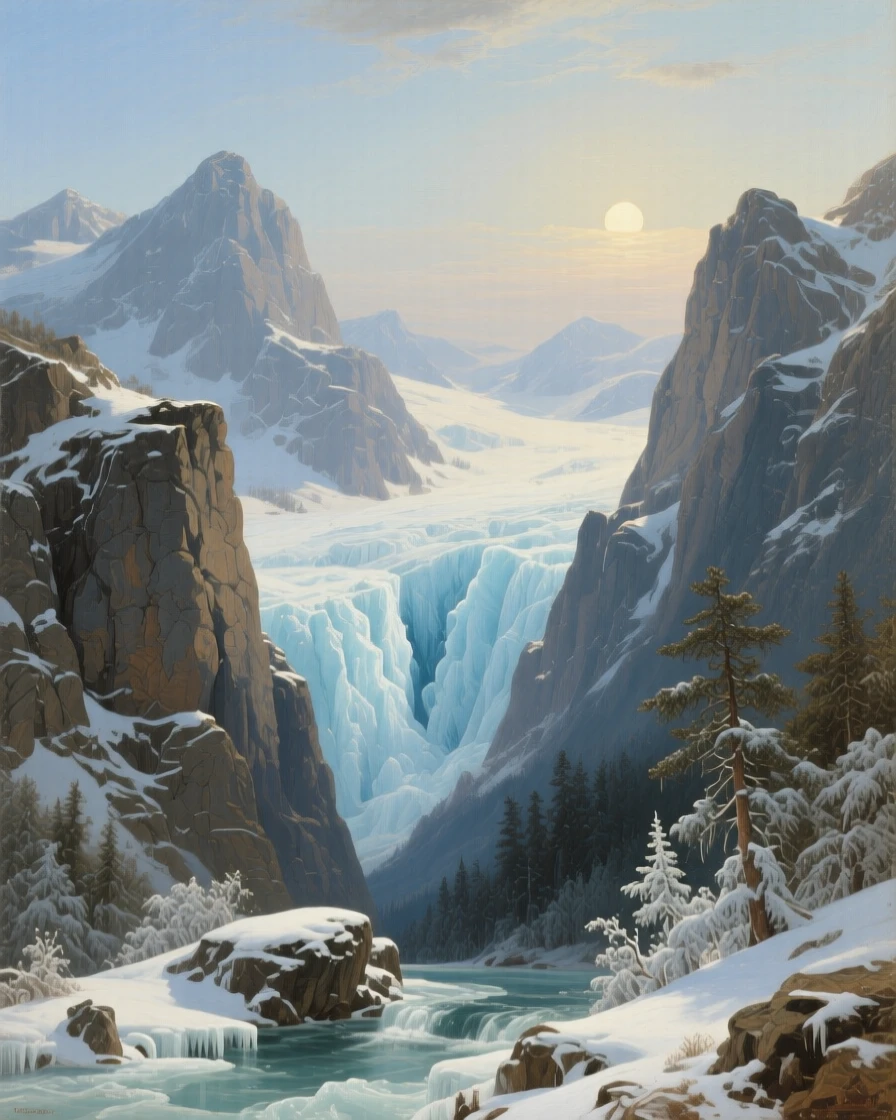 Glaciers gleam between rocky peaks under a pale winter sun.