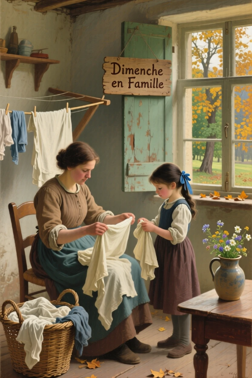 A young girl helping her mother fold laundry on a Sunday afternoon, as the changing season is reflected in the surrounding setting, celebrating the simple, universal joys of family life