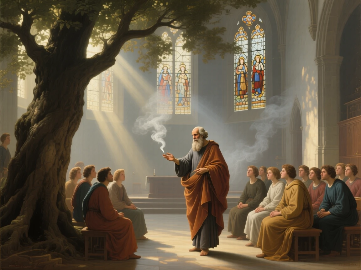 A philosopher teaching students beneath the shade of an ancient tree in a moment of profound spiritual clarity, set within a sunlit chapel filled with drifting incense smoke, with soft, radiant light breaking gently through clouds or stained glass; quiet, uncluttered space allows the emotional core room to breathe, suggesting the enduring comfort of belief and community.