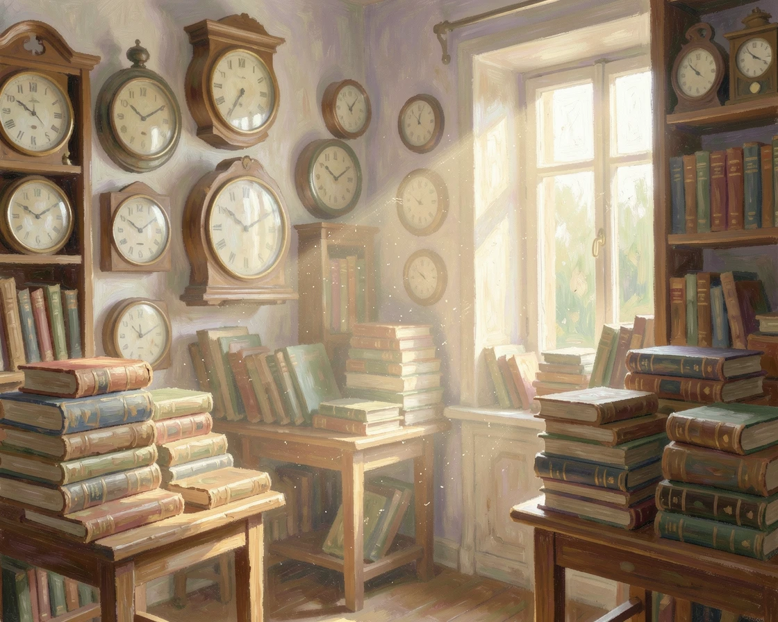 A quiet antique shop crowded with vintage clocks, dusty books, and a beam of light through a dusty window.