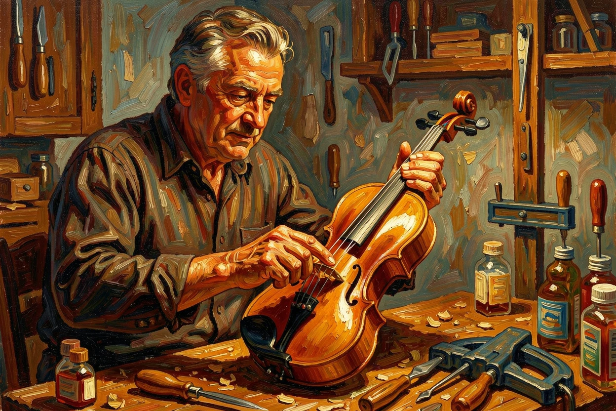 A proud craftsman polishing a finished violin, admiring the grain of the wood.