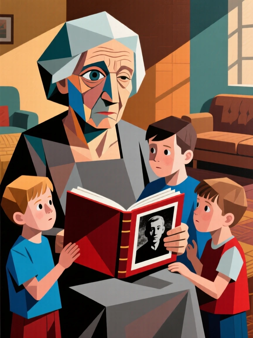A grandmother sharing an old photo album with her curious grandchildren.